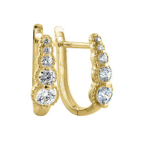 Solid 14K Yellow Gold U Shaped Round CZ Hoop Earrings