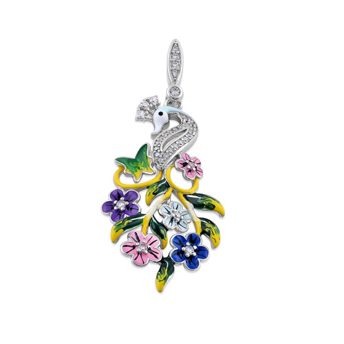 Sterling Silver Hand-Painted Swan and Flowers CZ Pendant