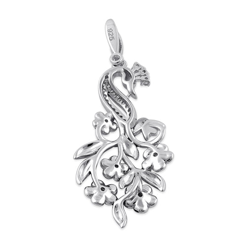 Sterling Silver Hand-Painted Swan and Flowers CZ Pendant