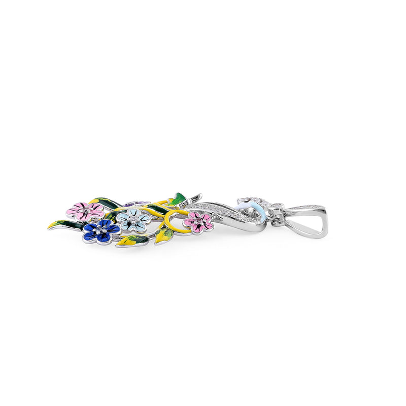 Sterling Silver Hand-Painted Swan and Flowers CZ Pendant