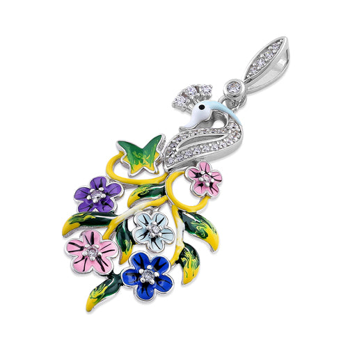 Sterling Silver Hand-Painted Swan and Flowers CZ Pendant