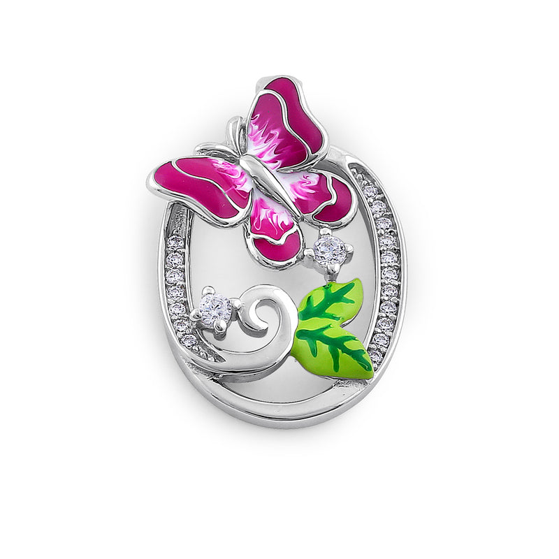 Sterling Silver Hand-Painted Magenta Butterfly CZ Pendant