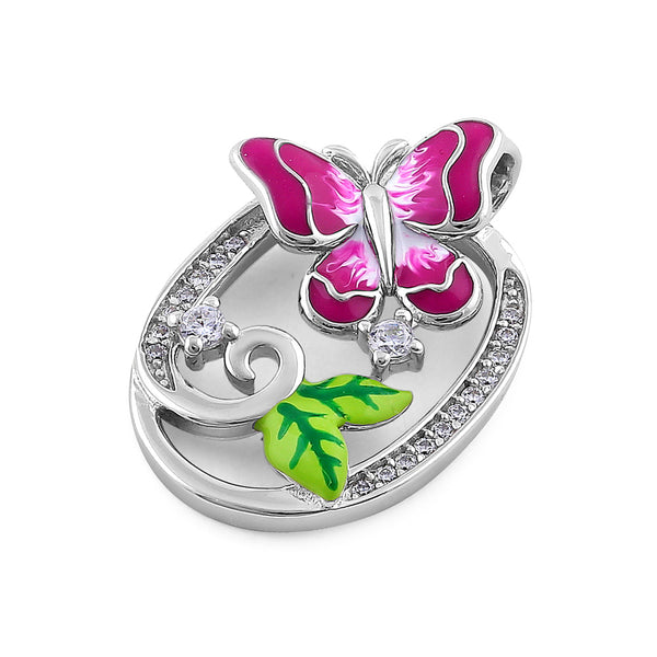 Sterling Silver Hand-Painted Magenta Butterfly CZ Pendant
