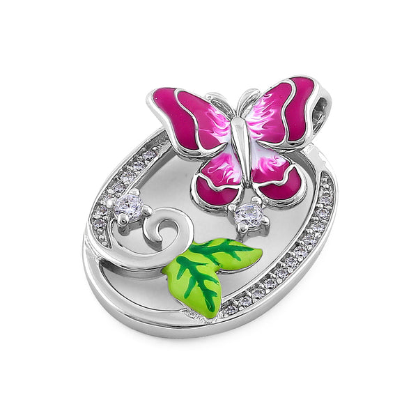 Sterling Silver Hand-Painted Magenta Butterfly CZ Pendant