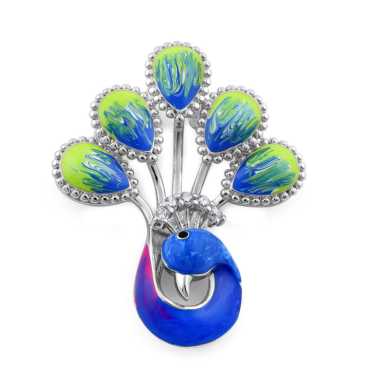 Sterling Silver Hand-Painted Royal Peacock CZ Pendant