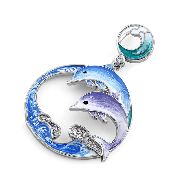 Sterling Silver Hand-Painted Twin Dolphin CZ Pendant