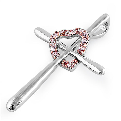 Sterling Silver Rose Gold Plated Cross Heart Pink CZ Pendant