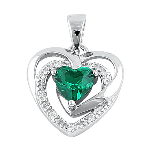 Sterling Silver Precious Heart Emerald CZ Pendant
