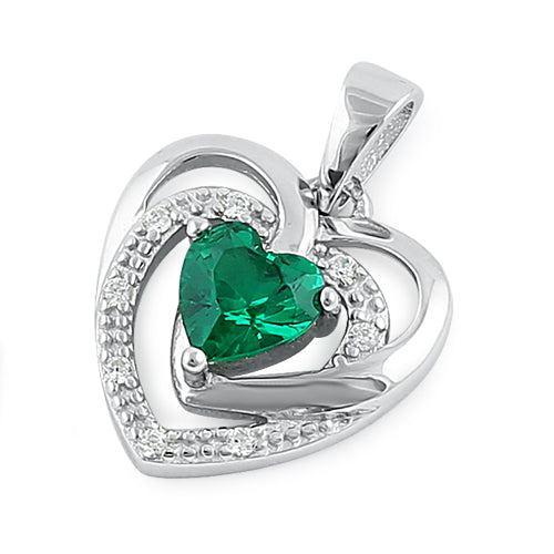 Sterling Silver Precious Heart Emerald CZ Pendant