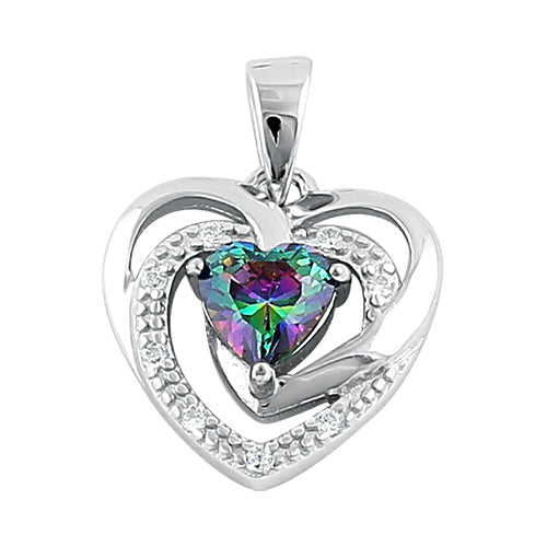 Sterling Silver Precious Heart Rainbow Topaz CZ Pendant