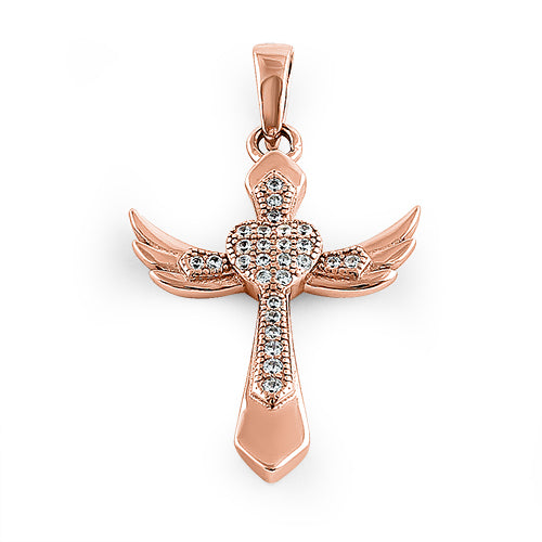 Sterling Silver Winged Cross Clear CZ Rose Gold Pendant