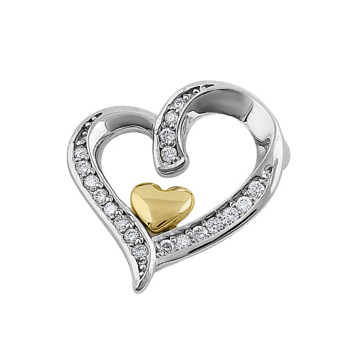 Solid 14K White & Yellow Gold Accent Double Heart Diamond Pendant