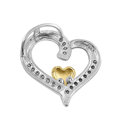 Solid 14K White & Yellow Gold Accent Double Heart Diamond Pendant