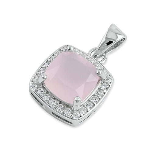Sterling Silver Milky Pink Glass Cushion Halo Pendant
