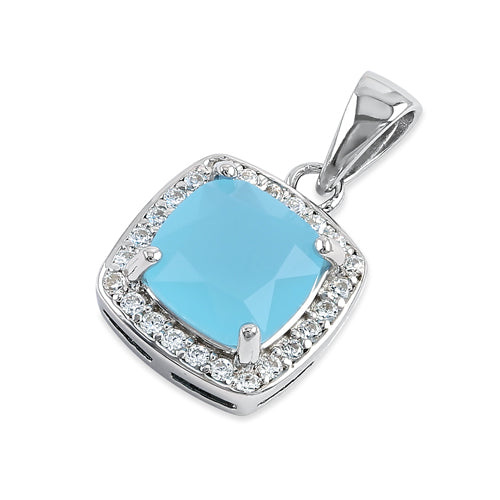 Sterling Silver Milky Blue Glass Cushion Halo Pendant