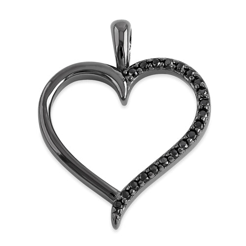 Sterling Silver Black Rhodium Plated Half Black CZ Heart Pendant