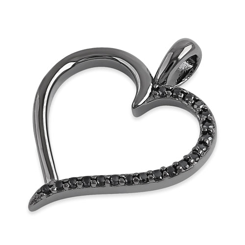 Sterling Silver Black Rhodium Plated Half Black CZ Heart Pendant