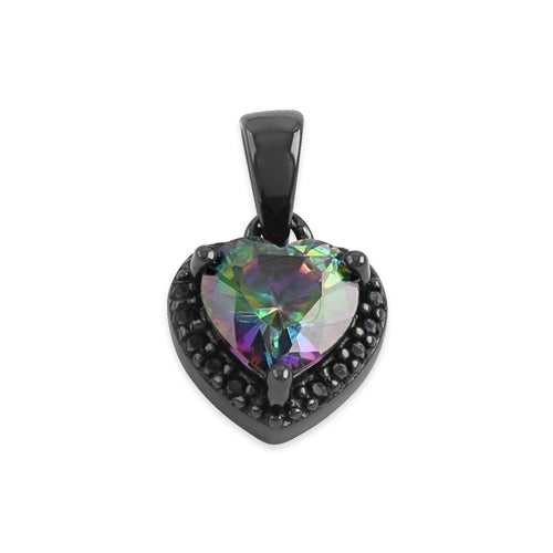 Sterling Silver Black Rhodium Plated Small Rainbow and Black CZ Heart Pendant