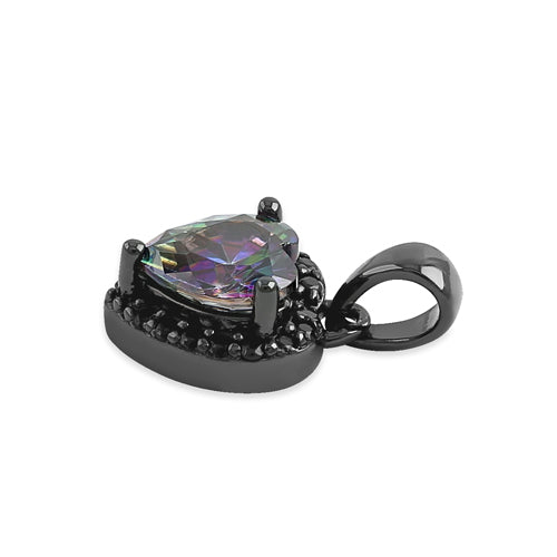 Sterling Silver Black Rhodium Plated Small Rainbow and Black CZ Heart Pendant