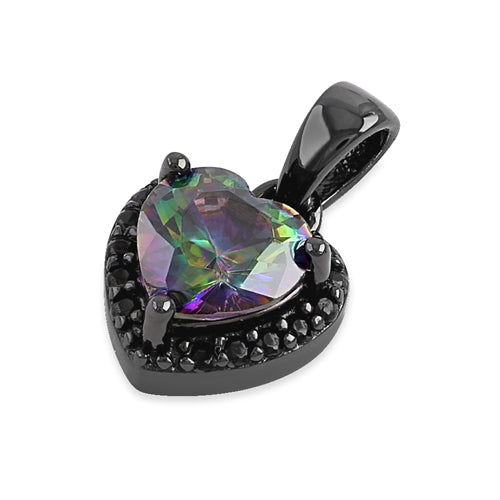 Sterling Silver Black Rhodium Plated Small Rainbow and Black CZ Heart Pendant