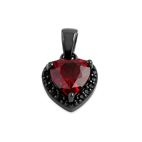 Sterling Silver Black Rhodium Plated Small Red and Black CZ Heart Pendant