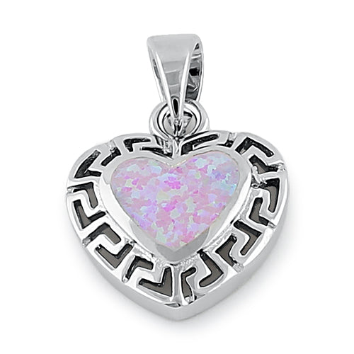 Sterling Silver Heart Greek Pattern Pink Lab Opal Pendant