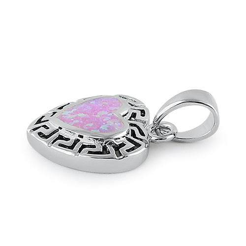 Sterling Silver Heart Greek Pattern Pink Lab Opal Pendant