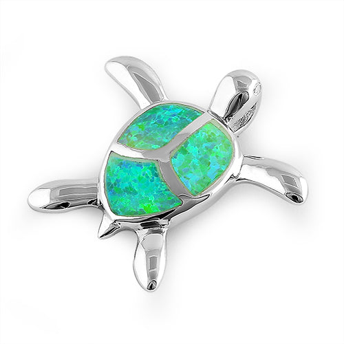 Sterling Silver Green Lab Opal Turtle Pendant