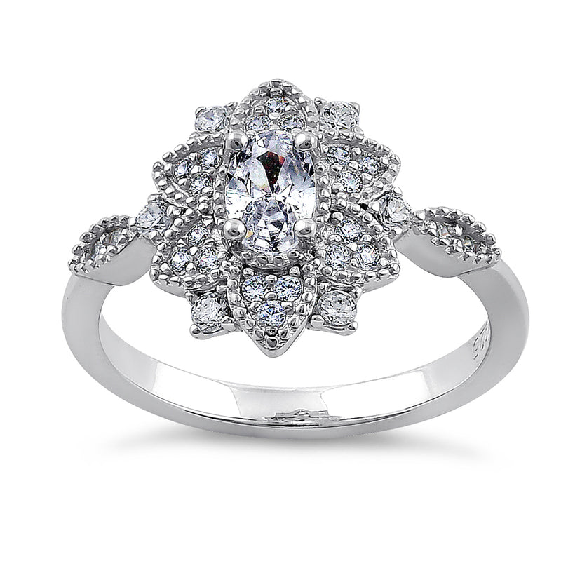 Sterling Silver Ornate Flower Oval & Round CZ Ring