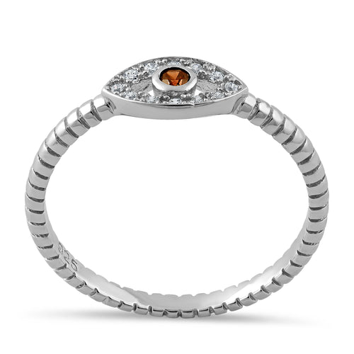 Sterling Silver Red Orange Stone Evil Eye CZ Ring