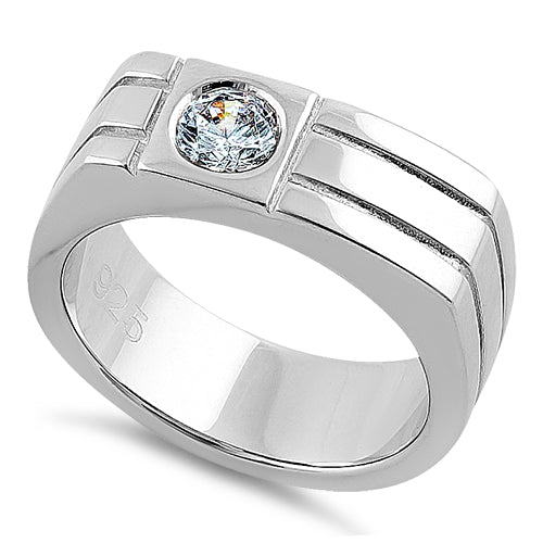 Sterling Silver Men's Offset Round Cut Clear CZ Ring