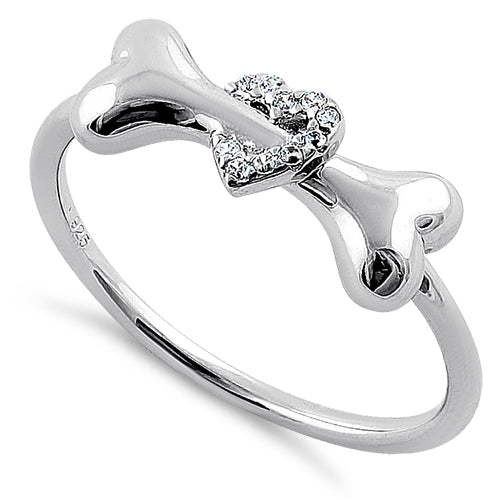 Sterling Silver Dog Bone & Heart CZ Ring