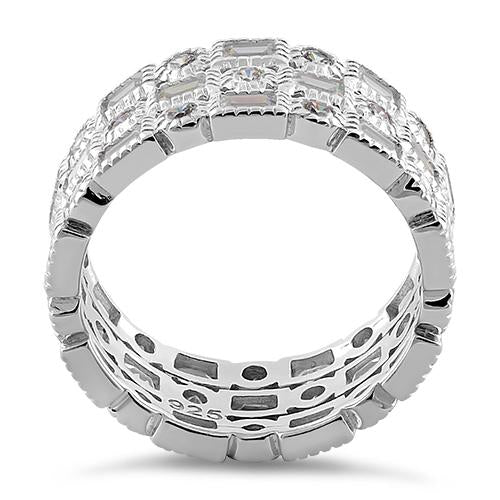 Sterling Silver Round & Baguette Straight Cut Clear CZ Ring
