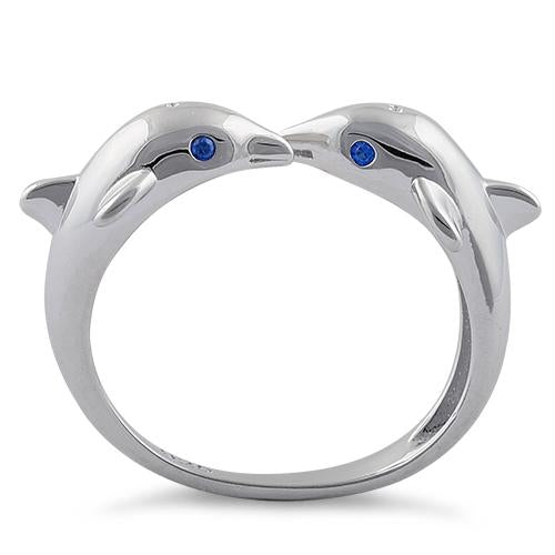 Sterling Silver Twin Dolphin Blue CZ Ring