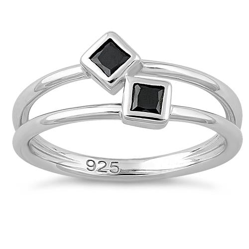 Sterling Silver Double Princess Cut Black CZ Ring