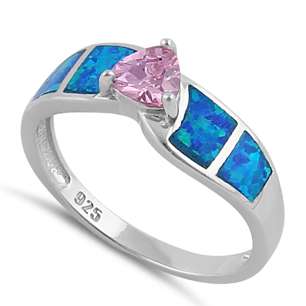 Sterling Silver Pink Center Trillion Cut Stone Blue Lab Opal Ring