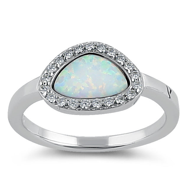 Sterling Silver Offset White Lab Opal and Clear CZ Ring