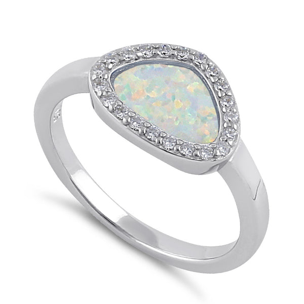 Sterling Silver Offset White Lab Opal and Clear CZ Ring