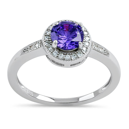 Sterling Silver Elegant Round Halo Violet CZ Ring