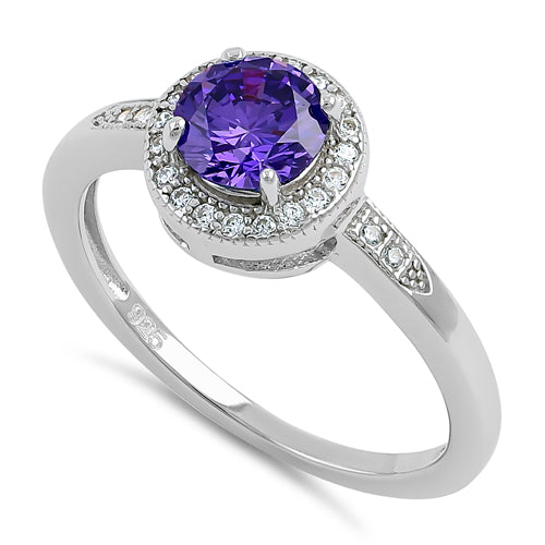 Sterling Silver Elegant Round Halo Violet CZ Ring