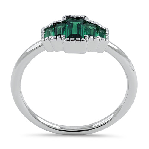 Sterling Silver Five Baguette Cut Green CZ Ring