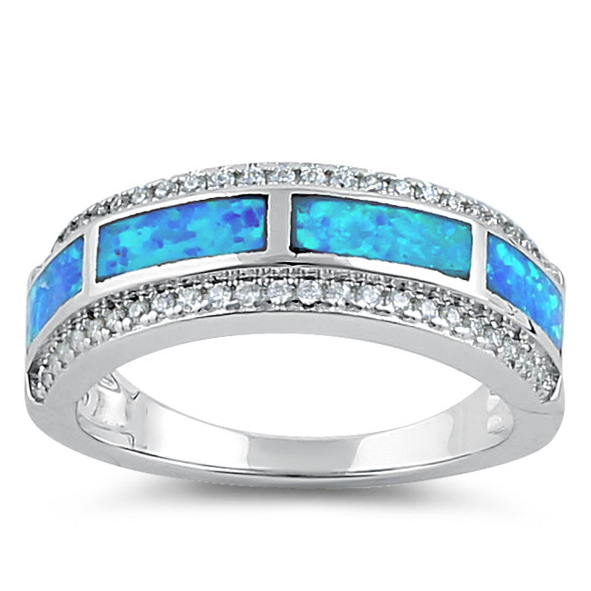 Sterling Silver Elegant Blue Lab Opal Clear CZ Band Ring