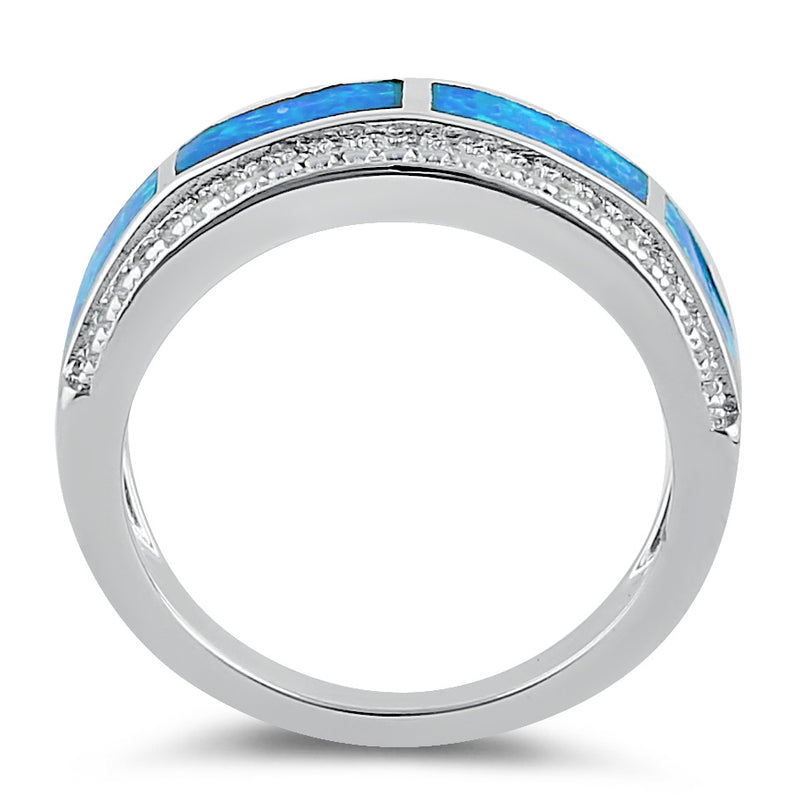 Sterling Silver Elegant Blue Lab Opal Clear CZ Band Ring