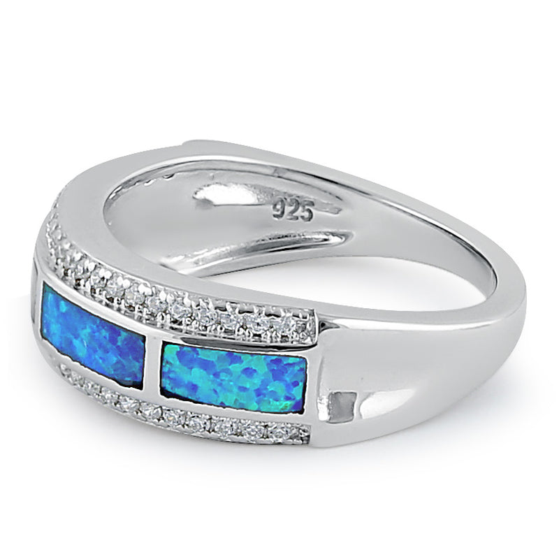 Sterling Silver Elegant Blue Lab Opal Clear CZ Band Ring