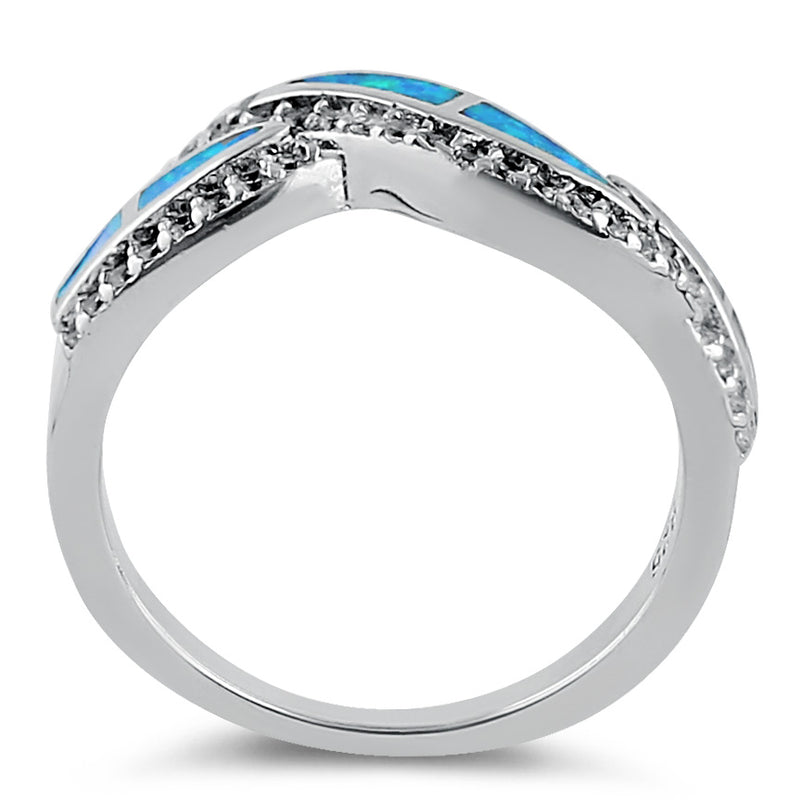 Sterling Silver Elegant Blue Lab Opal Curve Clear CZ Ring