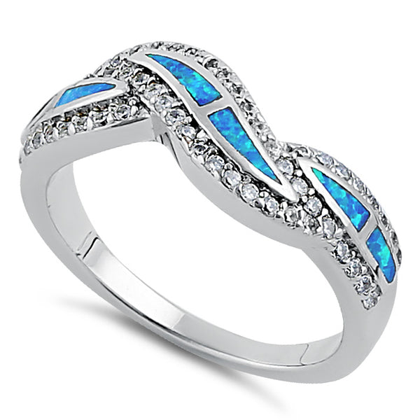 Sterling Silver Elegant Blue Lab Opal Curve Clear CZ Ring