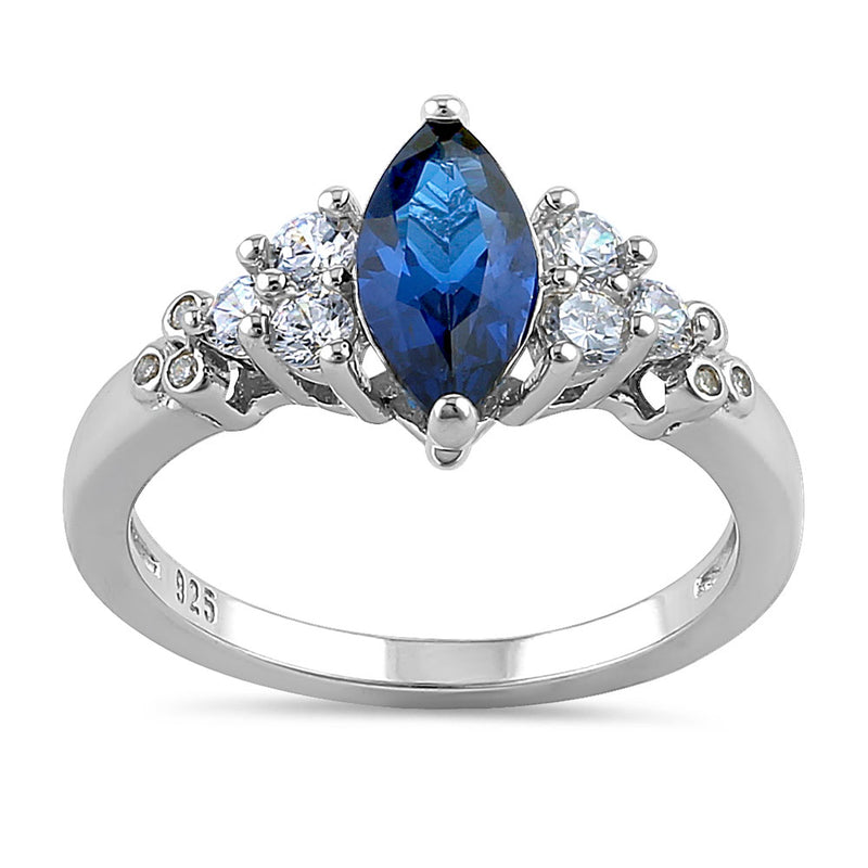 Sterling Silver Stylish Marquise & Round Cut Clear & Blue Spinel CZ Ring