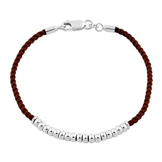Sterling Silver Half Beads Brown Silk Rope Bracelet