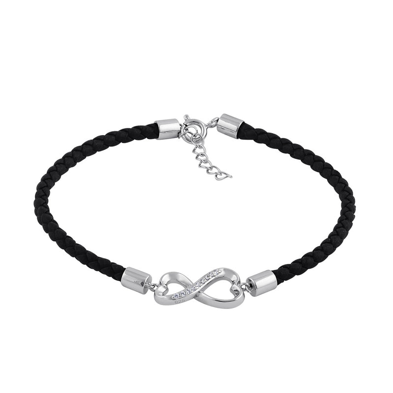 Sterling Silver Black Leather Infinity CZ Bracelet