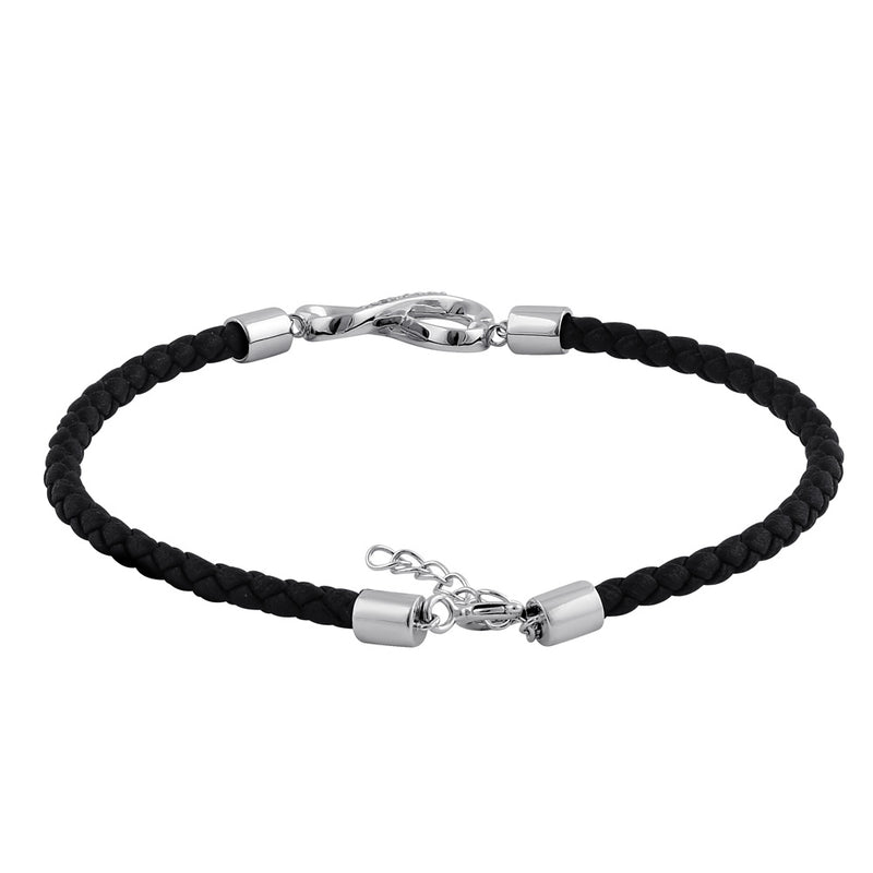 Sterling Silver Black Leather Infinity CZ Bracelet